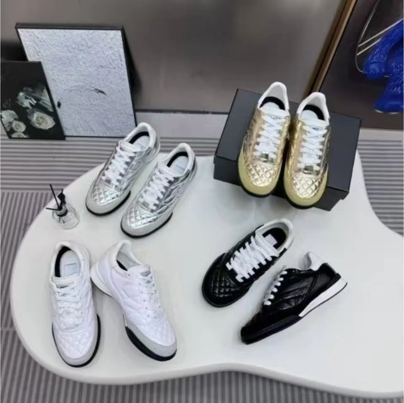 New diamond lattice small fragrant wind casual single shoes sneakers leather thick sole fashion board shoes, de training shoes - Image 2