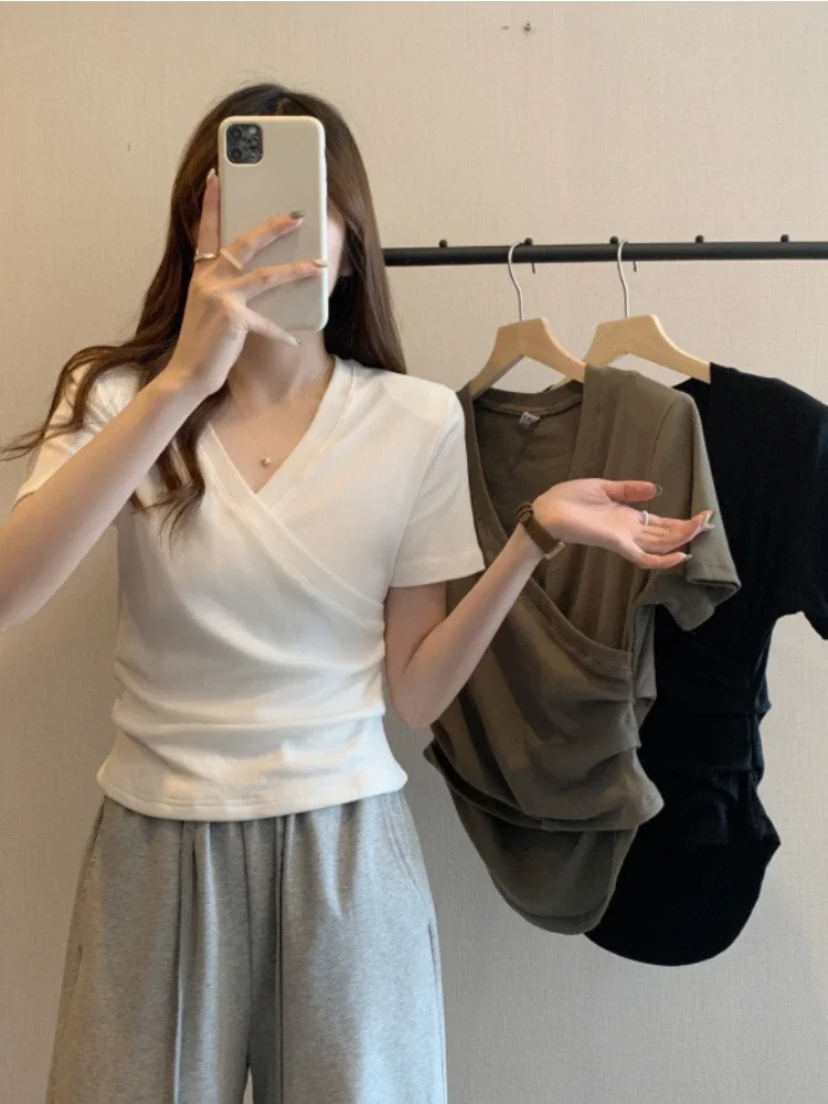 2024 Summer New Korean Fashion Cross V-neck Women's T-shirt Short Sleeve Slim Bottoming Shirts Crop Top Youthful Woman Clothes - Image 6
