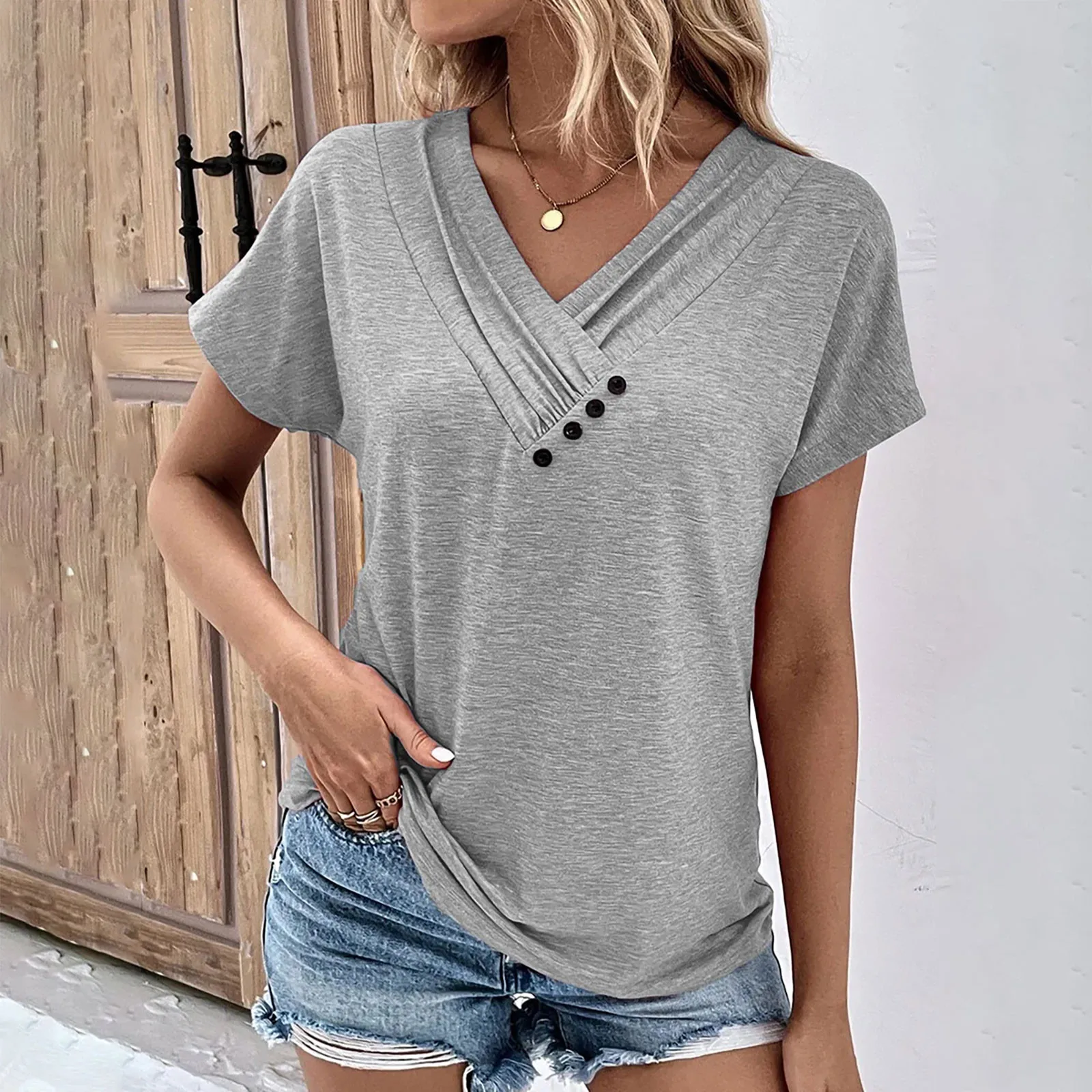 Fashion Women T Shirt Solid Color V Neck Short Sleeve Basic Tops Tee Streetwear Summer Oversized Clothing Female T-Shirts - Image 10