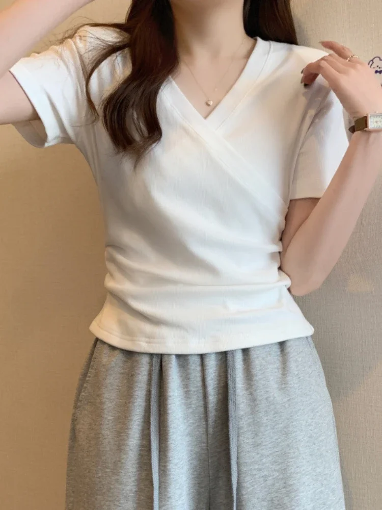 2024 Summer New Korean Fashion Cross V-neck Women's T-shirt Short Sleeve Slim Bottoming Shirts Crop Top Youthful Woman Clothes - Image 9