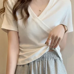 2024 Summer New Korean Fashion Cross V-neck Women's T-shirt Short Sleeve Slim Bottoming Shirts Crop Top Youthful Woman Clothes
