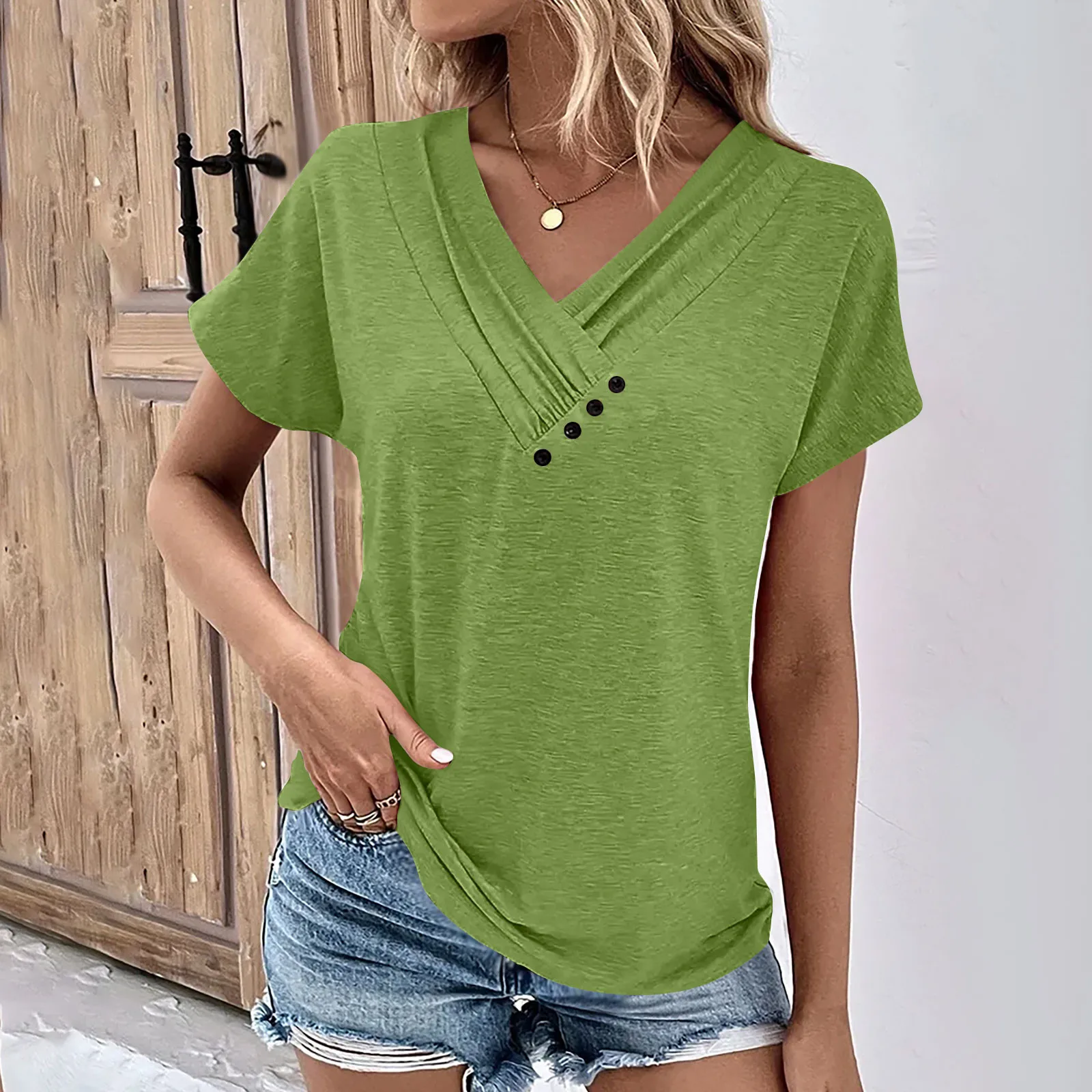 Fashion Women T Shirt Solid Color V Neck Short Sleeve Basic Tops Tee Streetwear Summer Oversized Clothing Female T-Shirts - Image 8