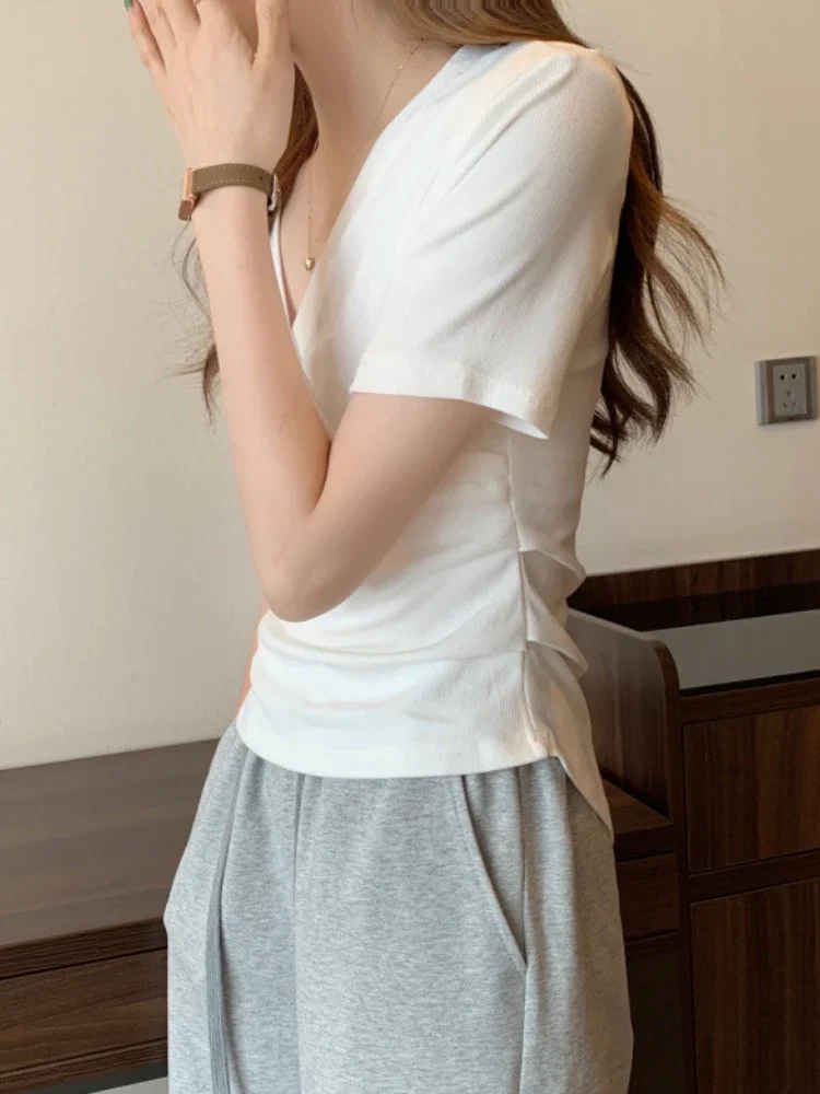 2024 Summer New Korean Fashion Cross V-neck Women's T-shirt Short Sleeve Slim Bottoming Shirts Crop Top Youthful Woman Clothes - Image 2