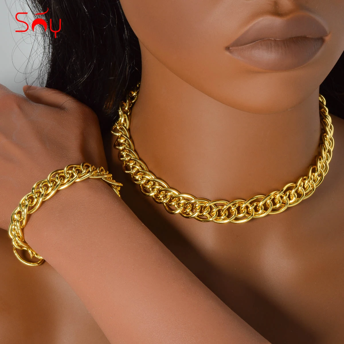 Sunny 18k Gold Plated Jewelry Copper Chain Necklace Multi Oval Hoop Bracelets Men Fashion Twist Hand Jewellery Women Luxury Set