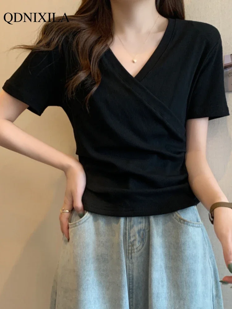 2024 Summer New Korean Fashion Cross V-neck Women's T-shirt Short Sleeve Slim Bottoming Shirts Crop Top Youthful Woman Clothes - Image 3
