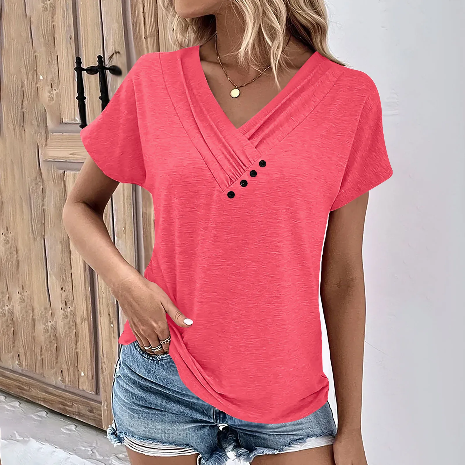 Fashion Women T Shirt Solid Color V Neck Short Sleeve Basic Tops Tee Streetwear Summer Oversized Clothing Female T-Shirts - Image 12
