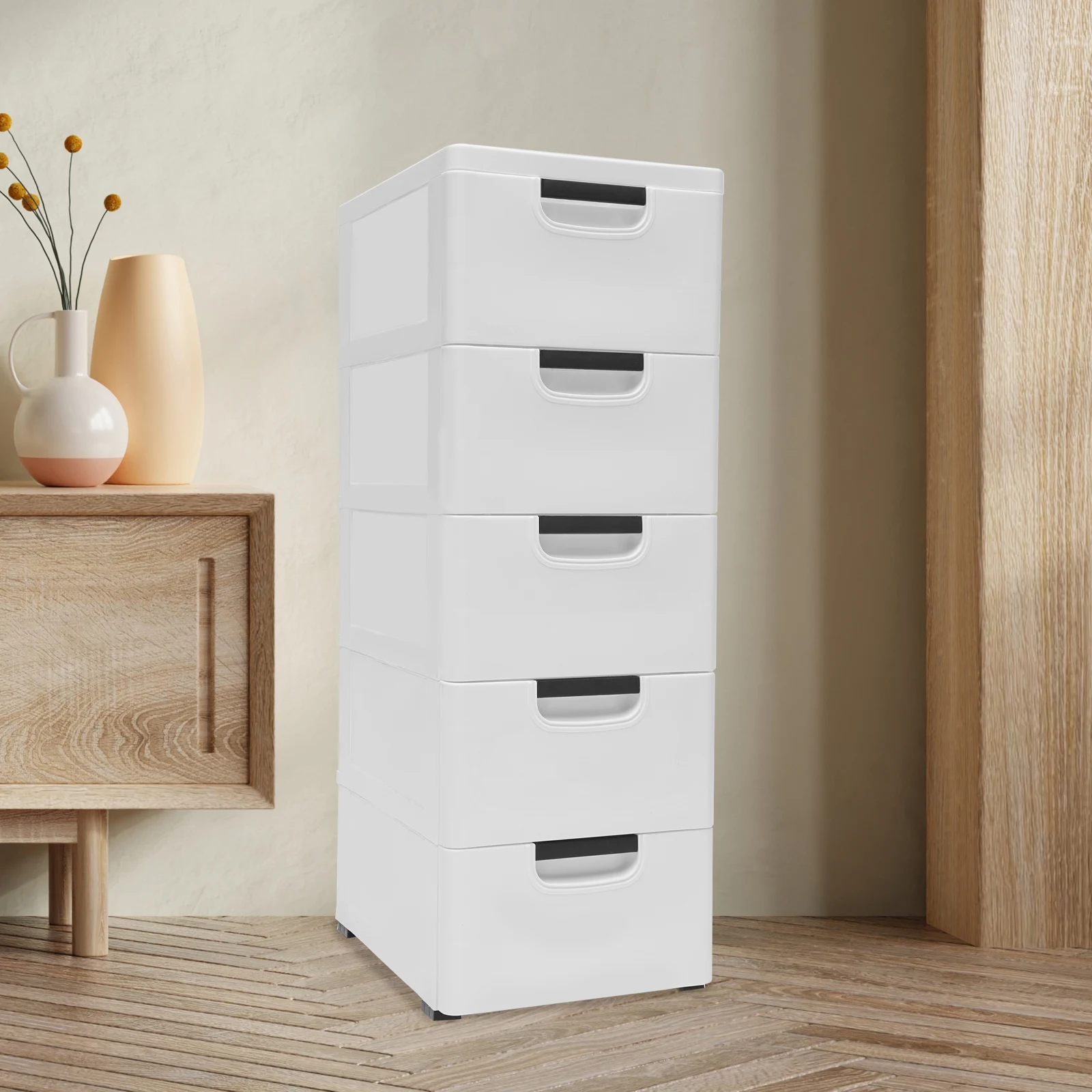 Plastic Drawers Dresser Storage Cabinet with 5 Drawers Closet Tall Standing Bedside Furniture Nightstand End Table for Bedroom - Image 4