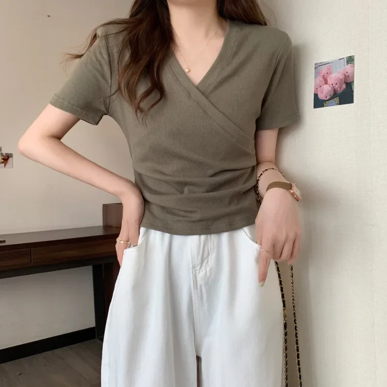 2024 Summer New Korean Fashion Cross V-neck Women's T-shirt Short Sleeve Slim Bottoming Shirts Crop Top Youthful Woman Clothes - Image 7