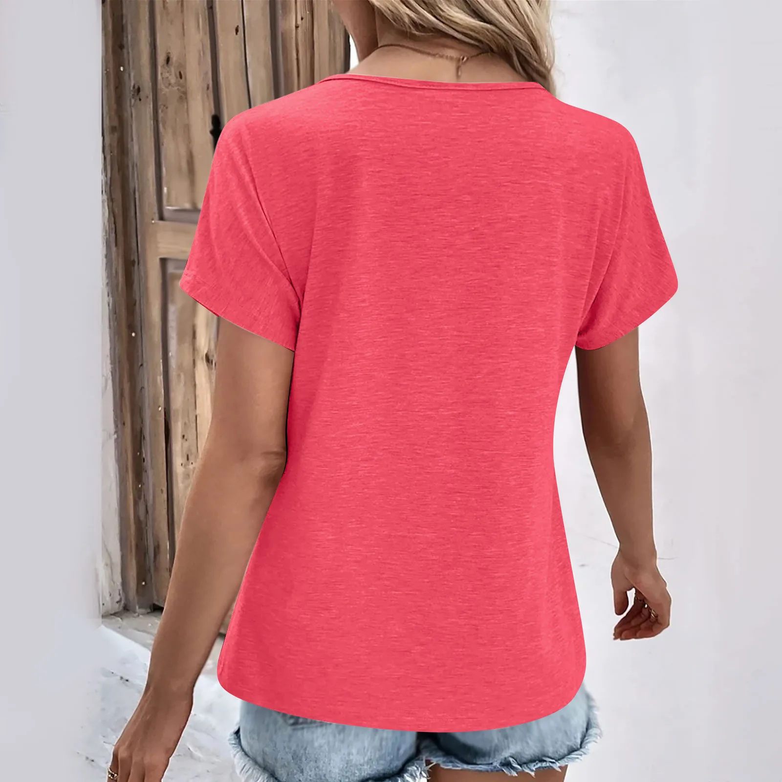 Fashion Women T Shirt Solid Color V Neck Short Sleeve Basic Tops Tee Streetwear Summer Oversized Clothing Female T-Shirts - Image 4