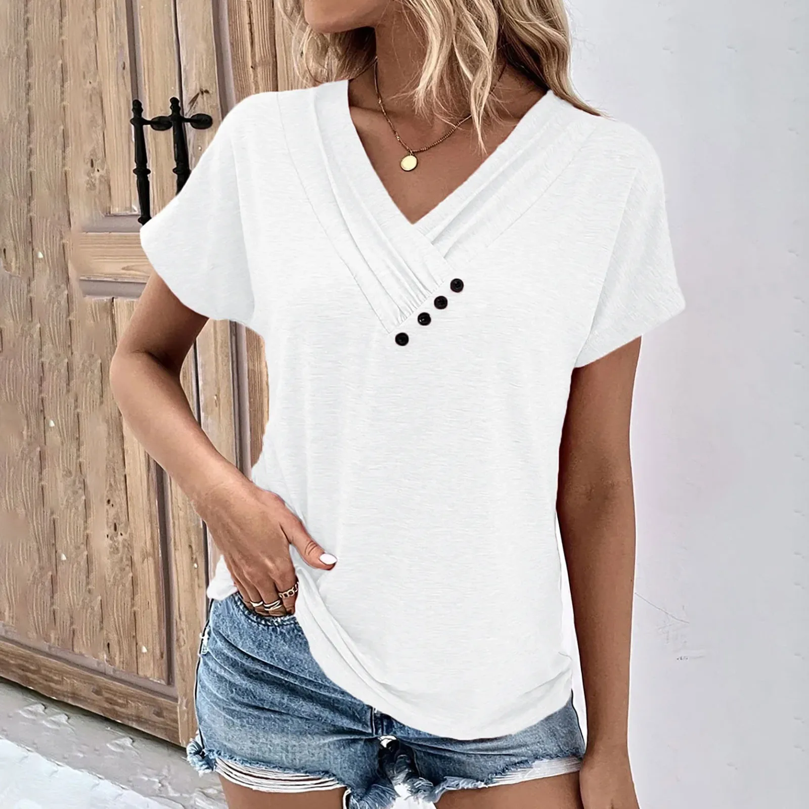 Fashion Women T Shirt Solid Color V Neck Short Sleeve Basic Tops Tee Streetwear Summer Oversized Clothing Female T-Shirts - Image 14