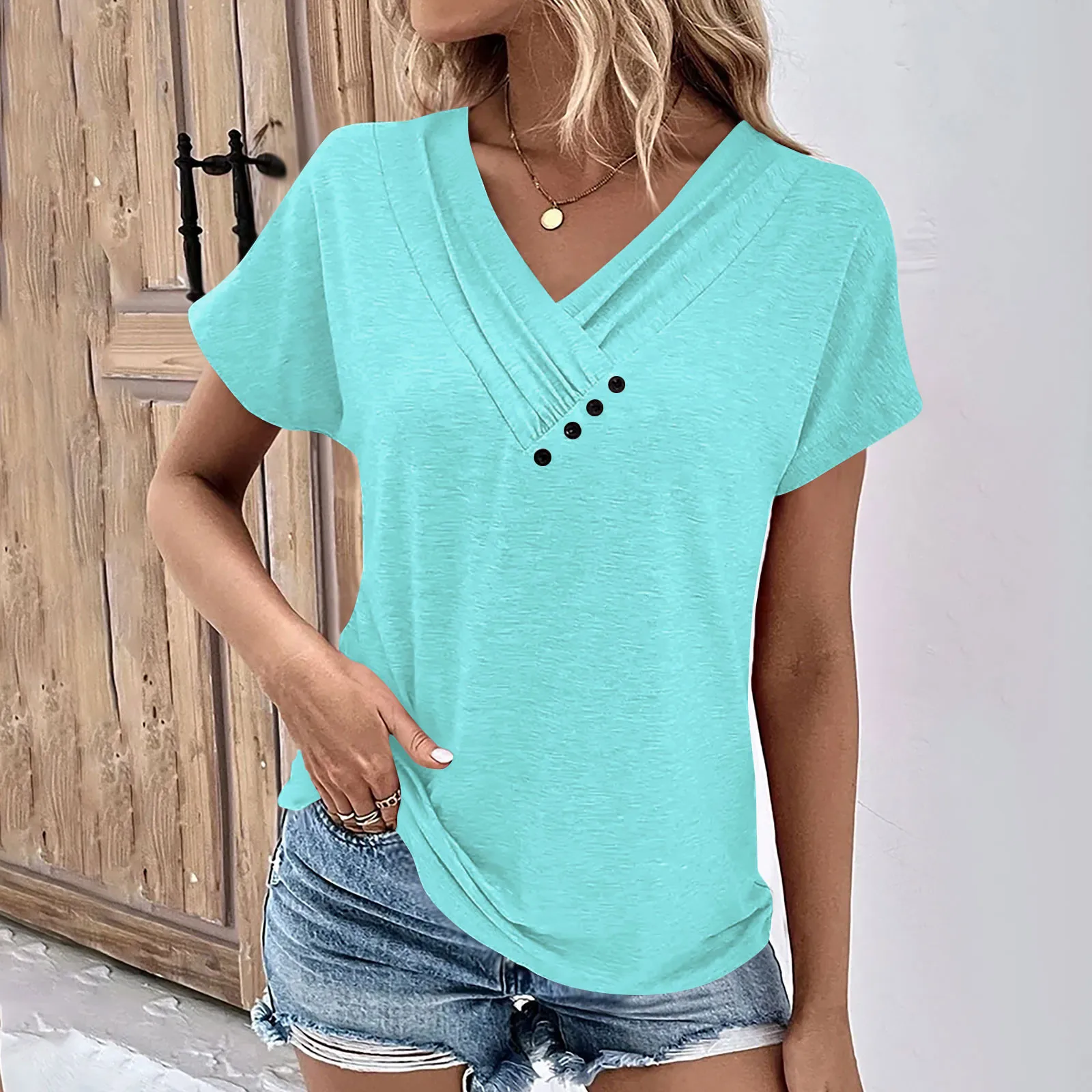 Fashion Women T Shirt Solid Color V Neck Short Sleeve Basic Tops Tee Streetwear Summer Oversized Clothing Female T-Shirts - Image 7