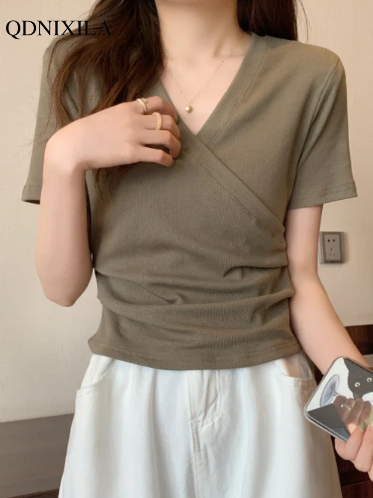 2024 Summer New Korean Fashion Cross V-neck Women's T-shirt Short Sleeve Slim Bottoming Shirts Crop Top Youthful Woman Clothes - Image 4
