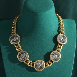 Vintage Personality Man Head Antique Coin Wide Chain Necklace for Women Aesthetic Jewellery Hip Hop Chunky Statement Chokers
