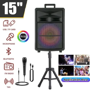 Portable Bluetooth Party Speaker 15" Subwoofer w/Stand Sound System Dj Karaoke RGB Light Rechargeable Outdoor Speaker with Mic