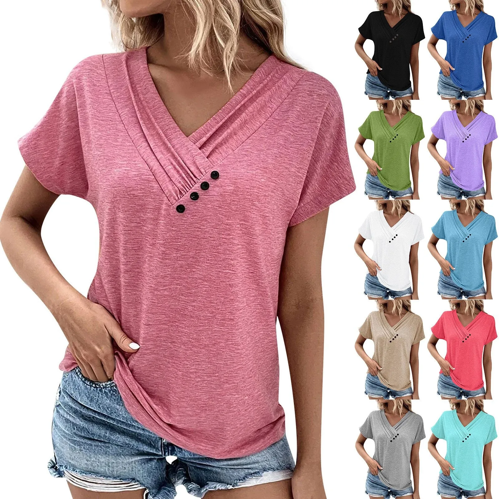 Fashion Women T Shirt Solid Color V Neck Short Sleeve Basic Tops Tee Streetwear Summer Oversized Clothing Female T-Shirts - Image 2