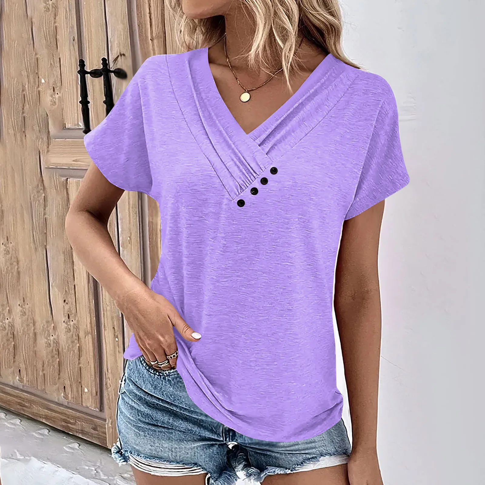Fashion Women T Shirt Solid Color V Neck Short Sleeve Basic Tops Tee Streetwear Summer Oversized Clothing Female T-Shirts - Image 11