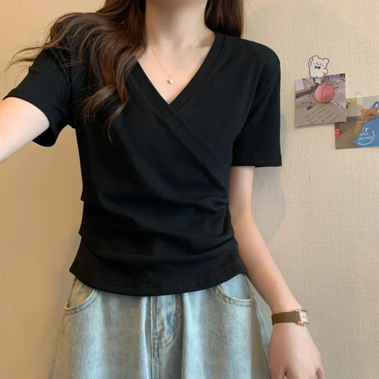 2024 Summer New Korean Fashion Cross V-neck Women's T-shirt Short Sleeve Slim Bottoming Shirts Crop Top Youthful Woman Clothes - Image 8
